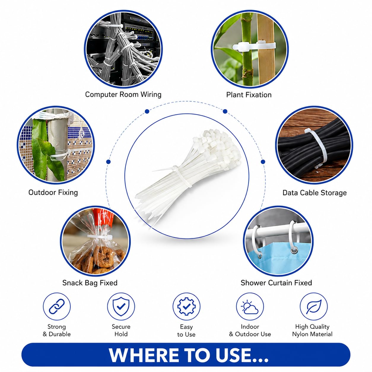 Nylon Cable Ties, Self Locking Zip Ties, 4 inch (100 mm) x 2.5 mm, Pack of 100, White, for Cable Management and Home and Office Wire Organising - White 100x250mm - Image 4