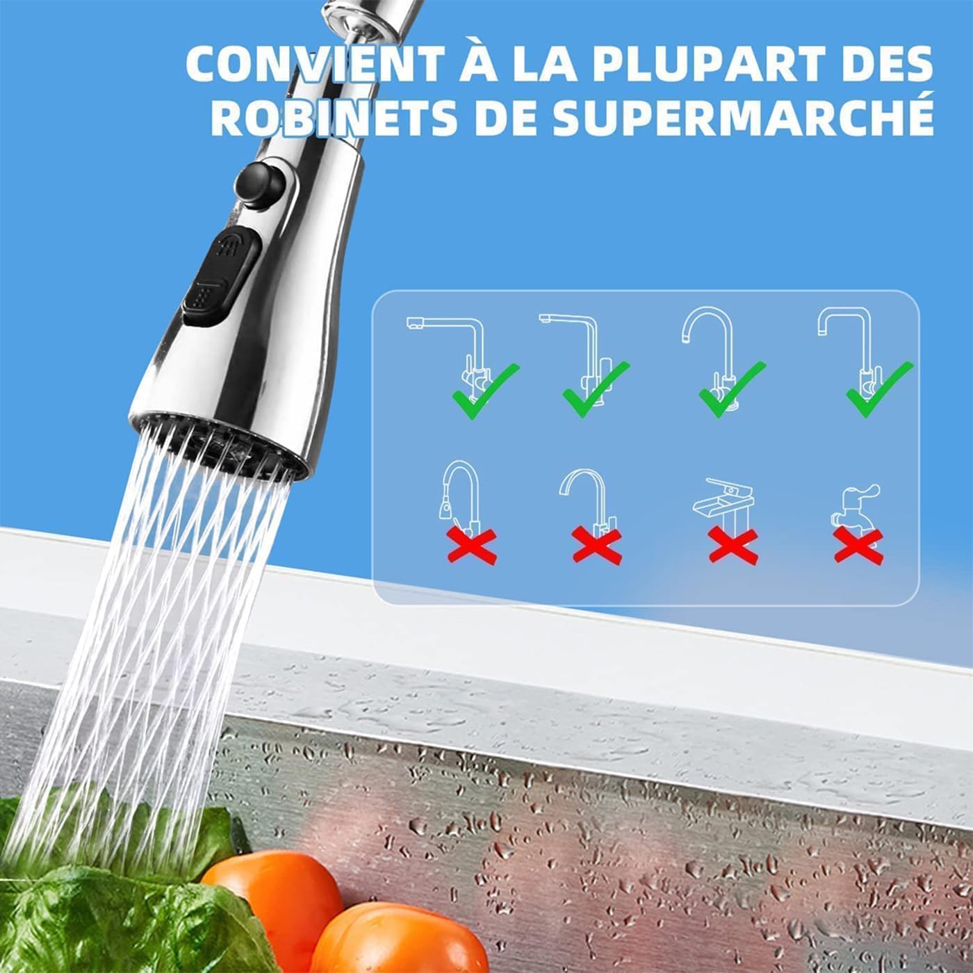 360° Rotating Kitchen Tap Extender, Flexible Faucet Attachment with 2/3 Mode Spray Head, Universal Splash Filter Aerator, Chrome Plated Sink Tap Extension for Kitchen & Bathroom - Sink Faucet - Image 8