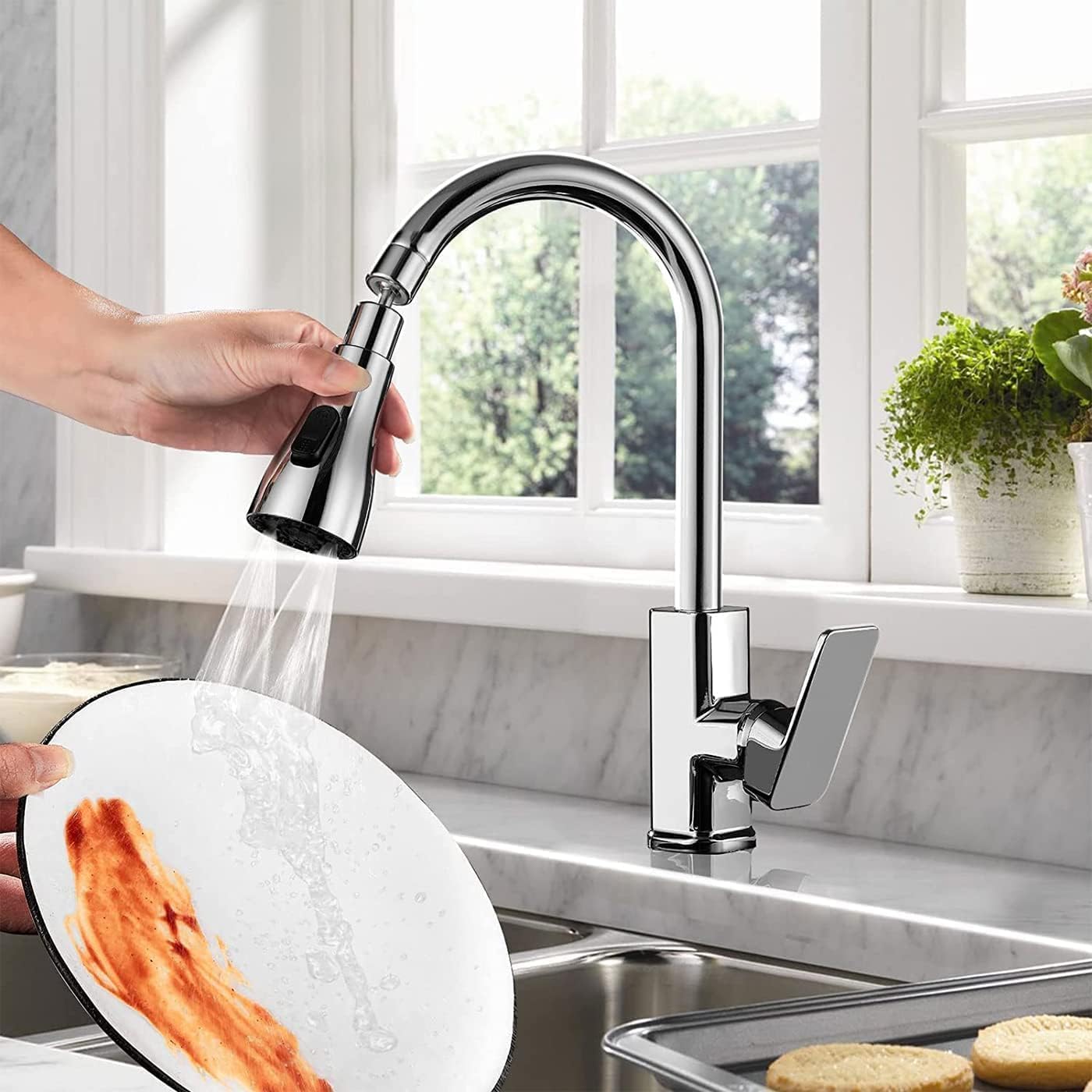 360° Rotating Kitchen Tap Extender, Flexible Faucet Attachment with 2/3 Mode Spray Head, Universal Splash Filter Aerator, Chrome Plated Sink Tap Extension for Kitchen & Bathroom - Sink Faucet - Image 7