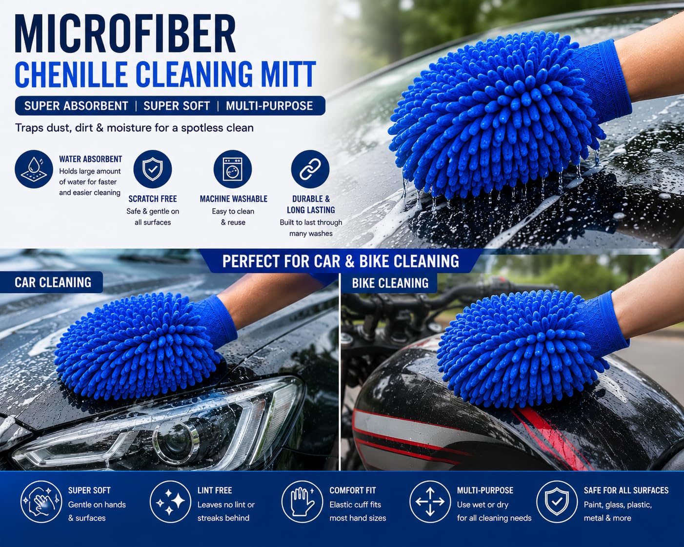 2 Pc Double Sided Microfiber Cleaning Gloves | Car Wash Mitt for Cleaning and Dusting | Chenille Mitt Cleaning Gloves | Extra Large, Professional Grade | Multi Colour - Pack Of 2 - Image 5