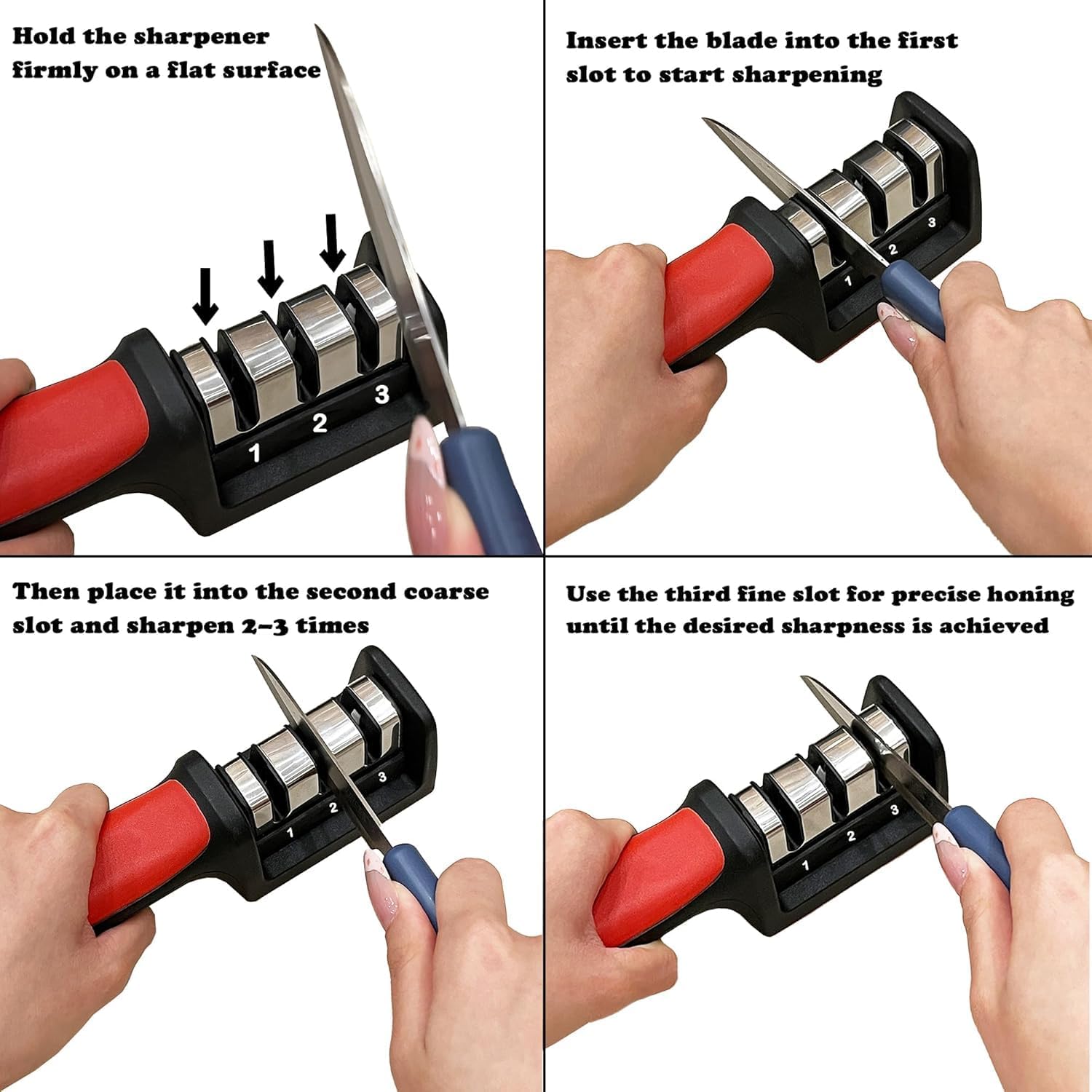 Manual 3 Stage Knife Sharpener for Kitchen, Knife Sharpener Rod, Knives Sharpening Tool for Steel Knives (Red) - Red - Image 5