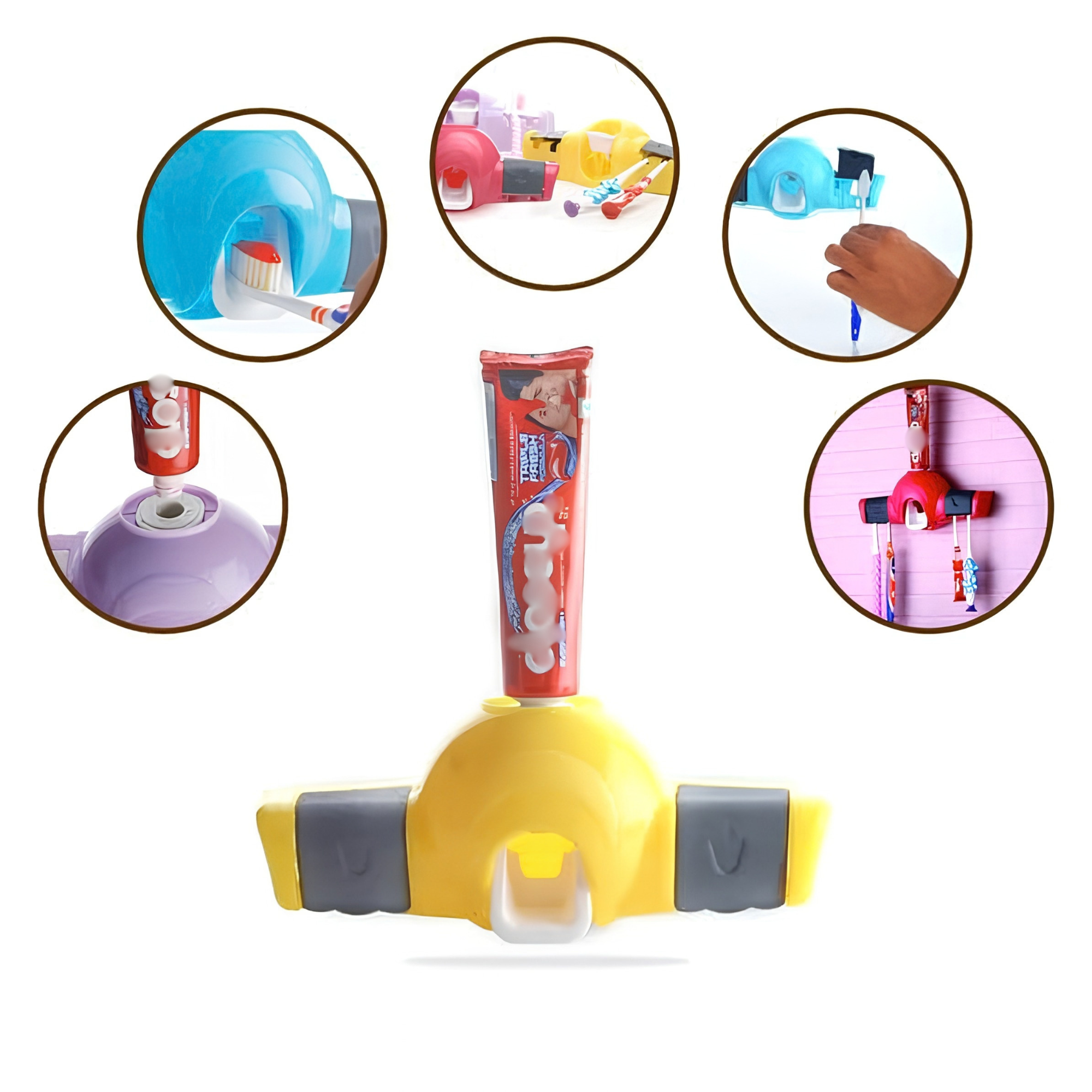Toothpaste Dispenser and Squeezer with 4 Sets of Plastic Toothbrush Holders | Bathroom Organizer for Home, Family Toothbrush Storage, Washbasin & Daily Oral Care Accessories - Multicolor - Image 3