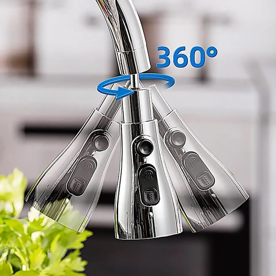 360° Rotating Kitchen Tap Extender, Flexible Faucet Attachment with 2/3 Mode Spray Head, Universal Splash Filter Aerator, Chrome Plated Sink Tap Extension for Kitchen & Bathroom - Sink Faucet - Image 4