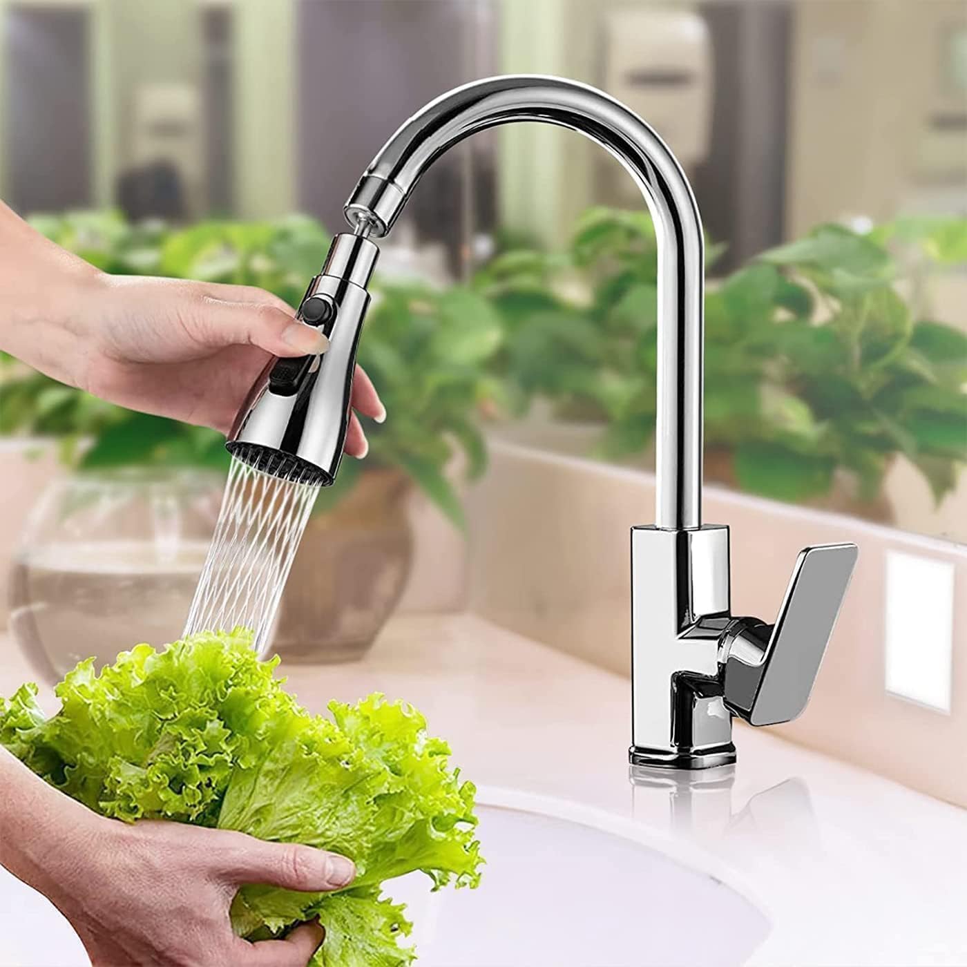 360° Rotating Kitchen Tap Extender, Flexible Faucet Attachment with 2/3 Mode Spray Head, Universal Splash Filter Aerator, Chrome Plated Sink Tap Extension for Kitchen & Bathroom - Sink Faucet - Image 2