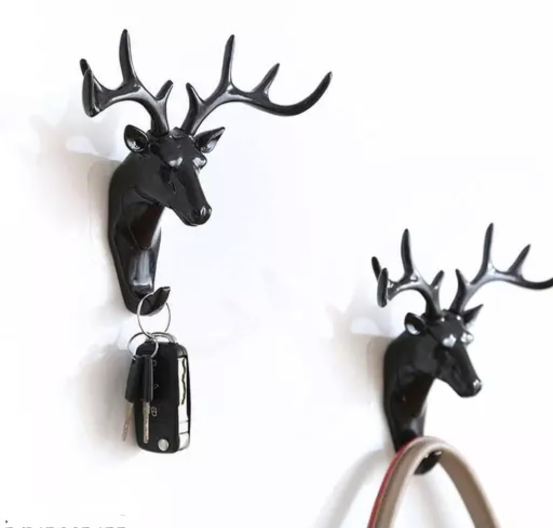 Deer Head Hook, Self Adhesive Wall Door Hook Hanger Bag Keys Sticky Holder Wall Mount - Black - Image 2