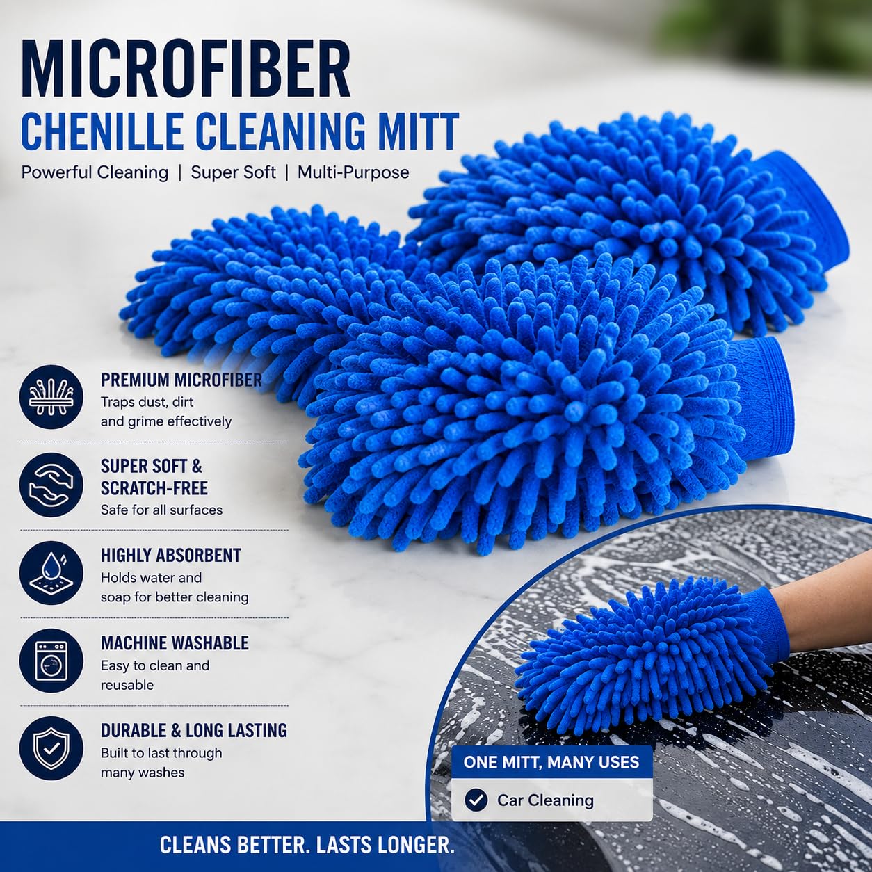 2 Pc Double Sided Microfiber Cleaning Gloves | Car Wash Mitt for Cleaning and Dusting | Chenille Mitt Cleaning Gloves | Extra Large, Professional Grade | Multi Colour - Pack Of 2 - Image 2