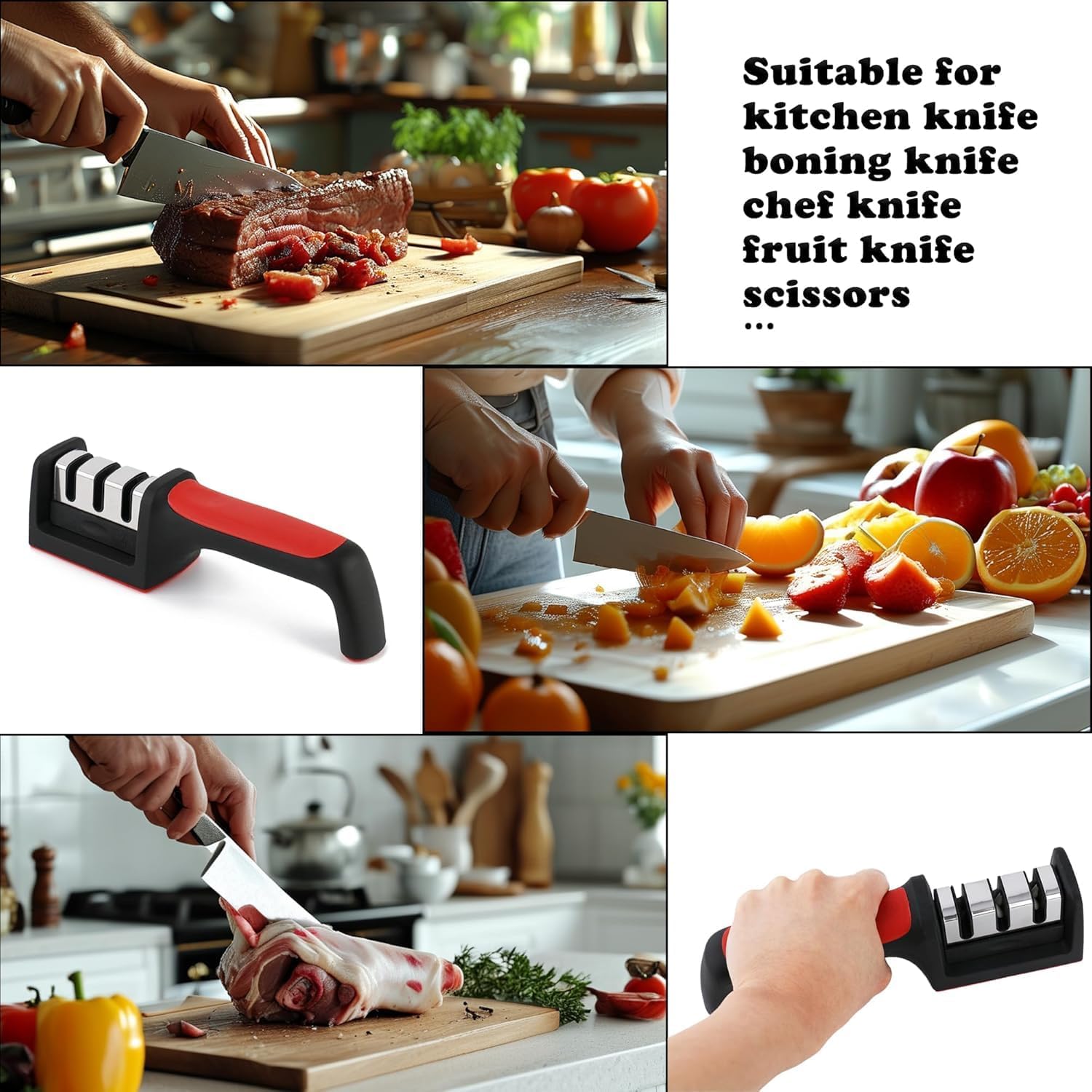 Manual 3 Stage Knife Sharpener for Kitchen, Knife Sharpener Rod, Knives Sharpening Tool for Steel Knives (Red) - Red - Image 6