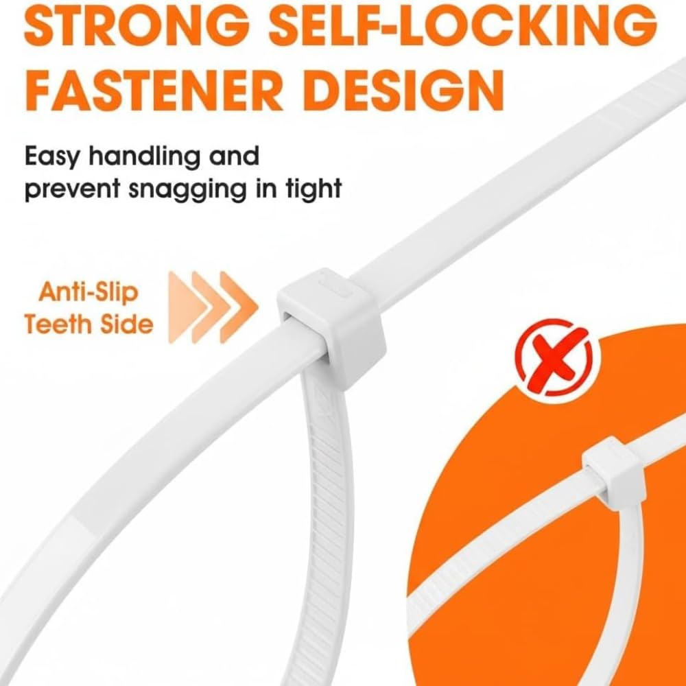 Nylon Cable Ties, Self Locking Zip Ties, 4 inch (100 mm) x 2.5 mm, Pack of 100, White, for Cable Management and Home and Office Wire Organising - White 100x250mm - Image 5