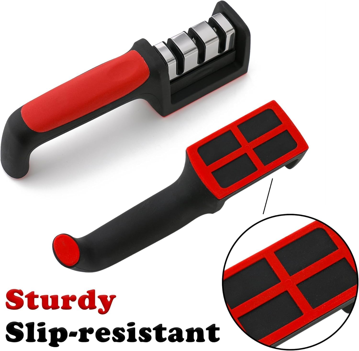 Manual 3 Stage Knife Sharpener for Kitchen, Knife Sharpener Rod, Knives Sharpening Tool for Steel Knives (Red) - Red - Image 7
