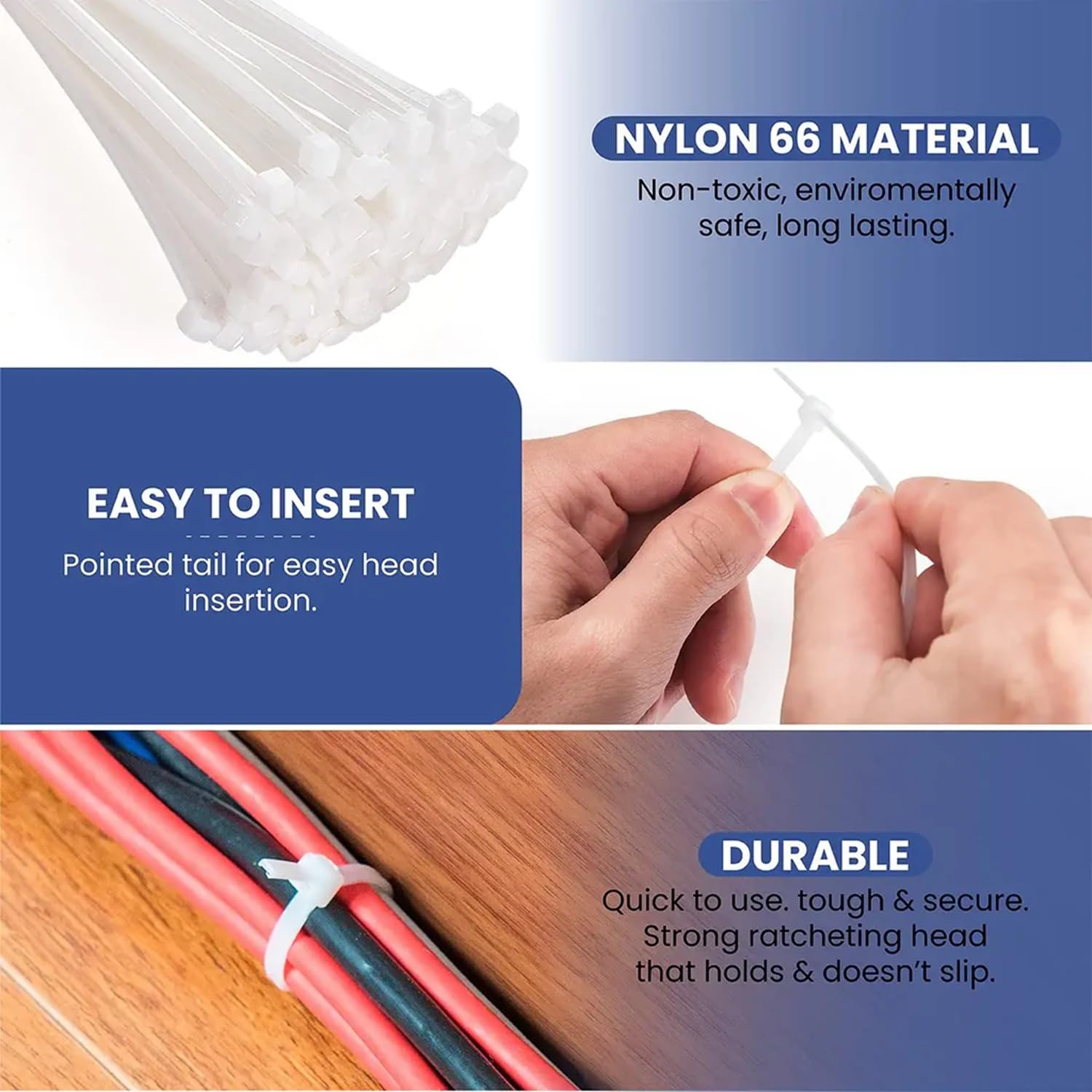Nylon Cable Ties, Self Locking Zip Ties, 4 inch (100 mm) x 2.5 mm, Pack of 100, White, for Cable Management and Home and Office Wire Organising - White 100x250mm - Image 3