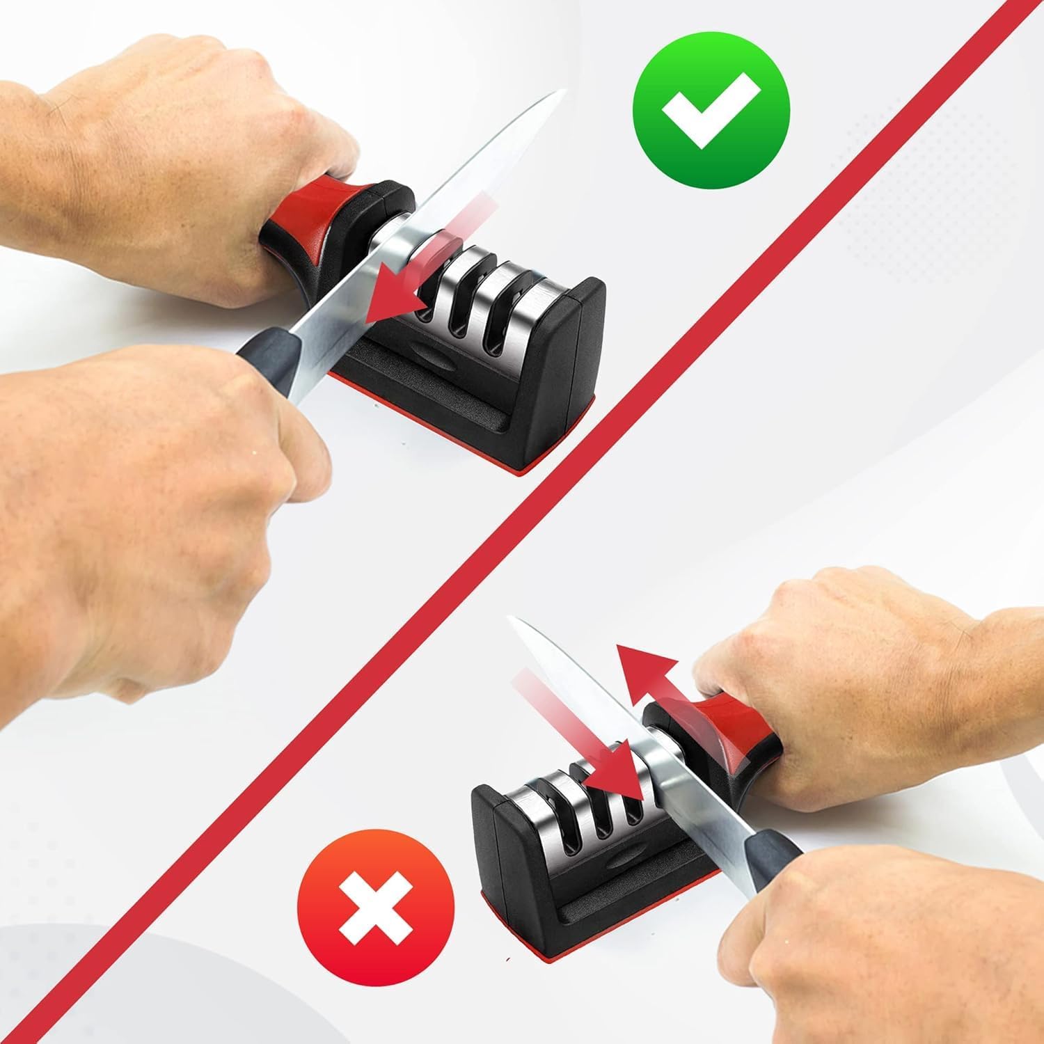 Manual 3 Stage Knife Sharpener for Kitchen, Knife Sharpener Rod, Knives Sharpening Tool for Steel Knives (Red) - Red - Image 3
