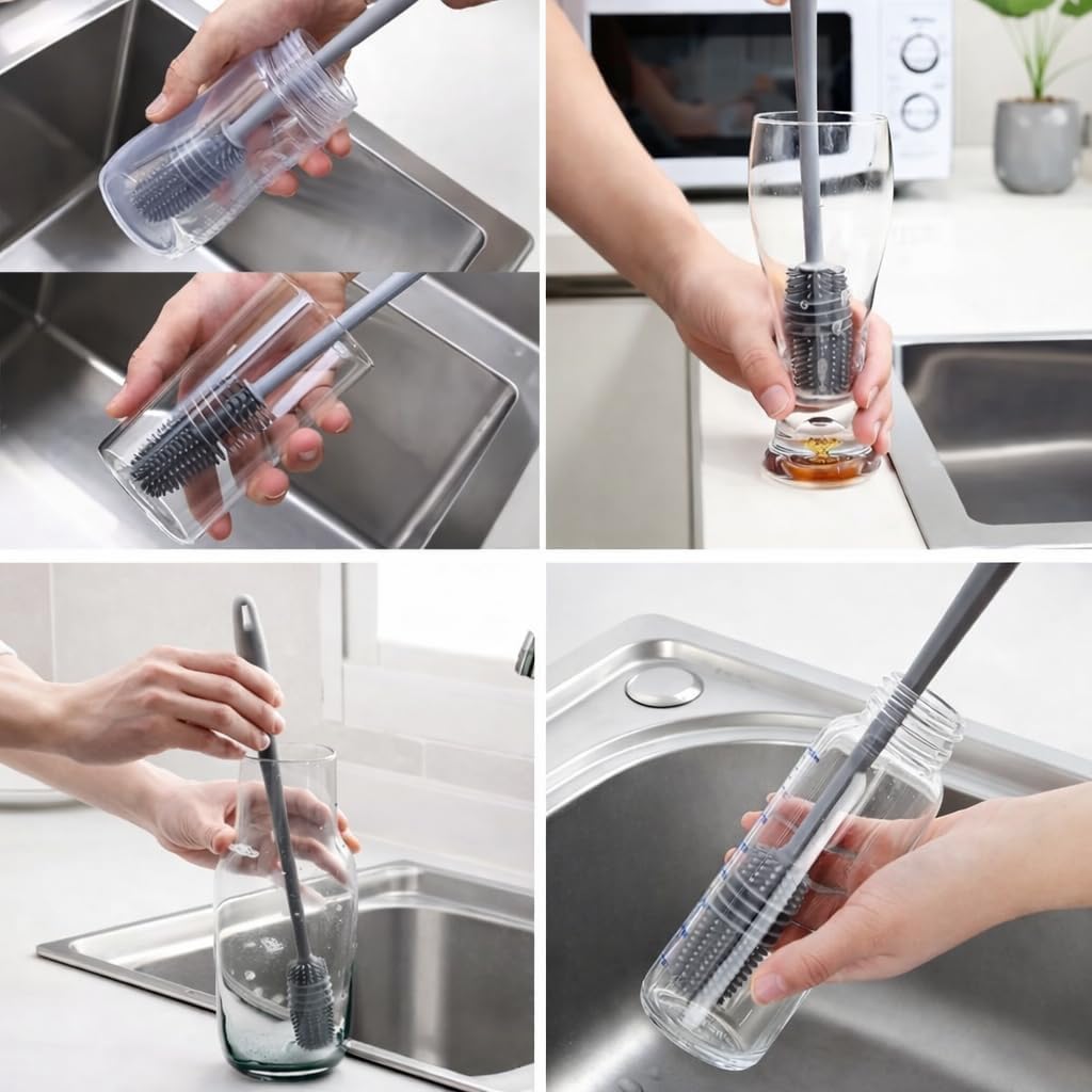Long Handle Silicone Bottle Cleaning Brush for Water Bottles, Mugs, Cups & Solution Bottles | Reusable Kitchen Cleaning Tool for Deep Interior Washing & Everyday Use - Bottle Cleaning Brush - Image 2
