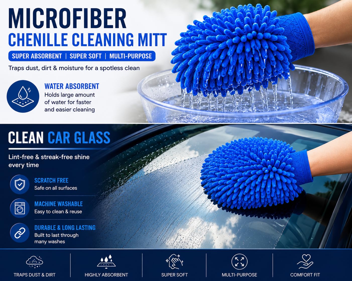 2 Pc Double Sided Microfiber Cleaning Gloves | Car Wash Mitt for Cleaning and Dusting | Chenille Mitt Cleaning Gloves | Extra Large, Professional Grade | Multi Colour - Pack Of 2 - Image 4