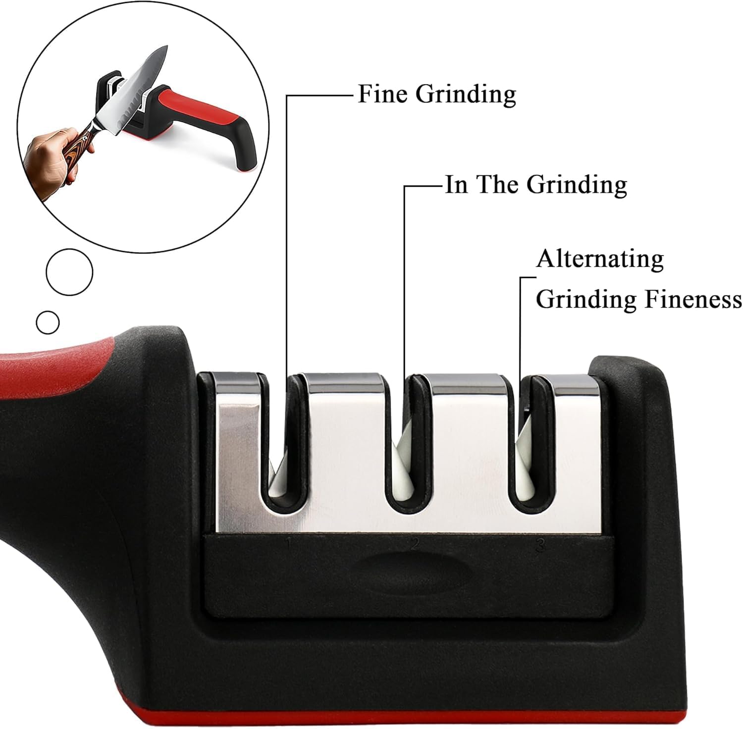 Manual 3 Stage Knife Sharpener for Kitchen, Knife Sharpener Rod, Knives Sharpening Tool for Steel Knives (Red) - Red - Image 4