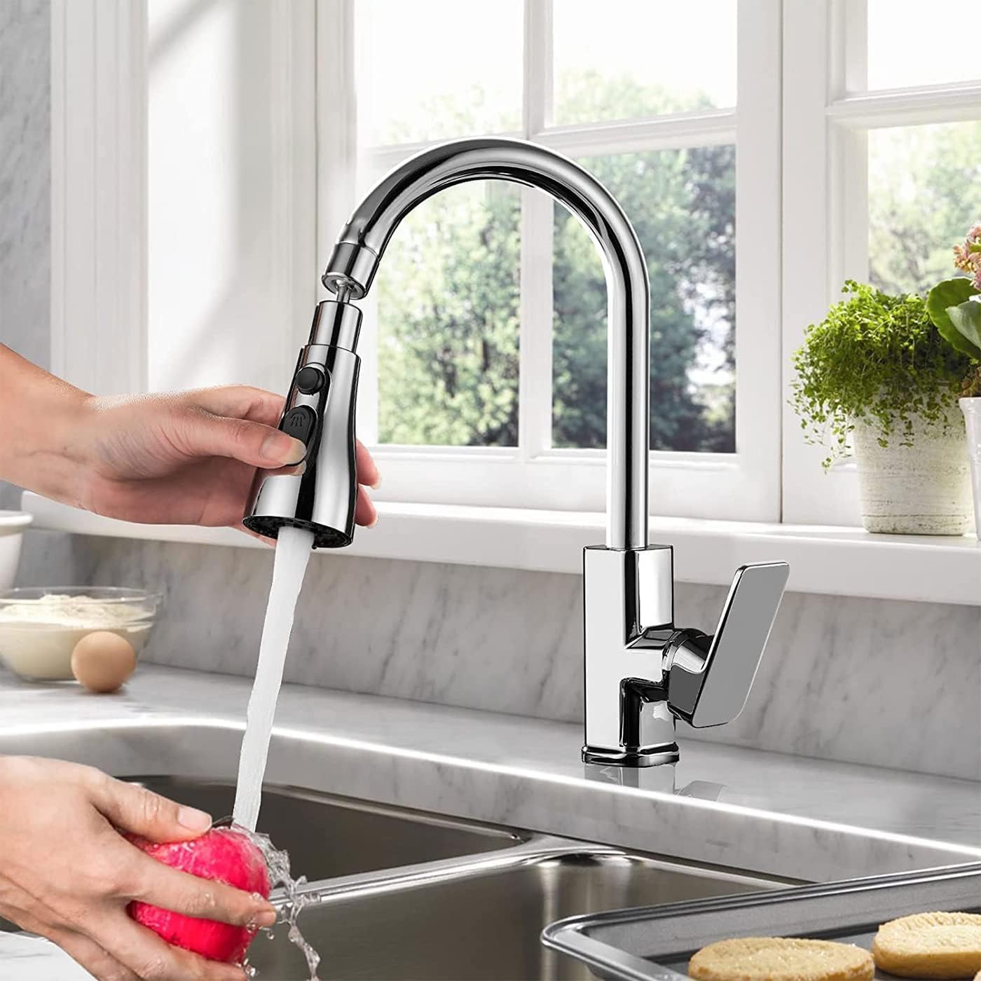 360° Rotating Kitchen Tap Extender, Flexible Faucet Attachment with 2/3 Mode Spray Head, Universal Splash Filter Aerator, Chrome Plated Sink Tap Extension for Kitchen & Bathroom - Sink Faucet - Image 6