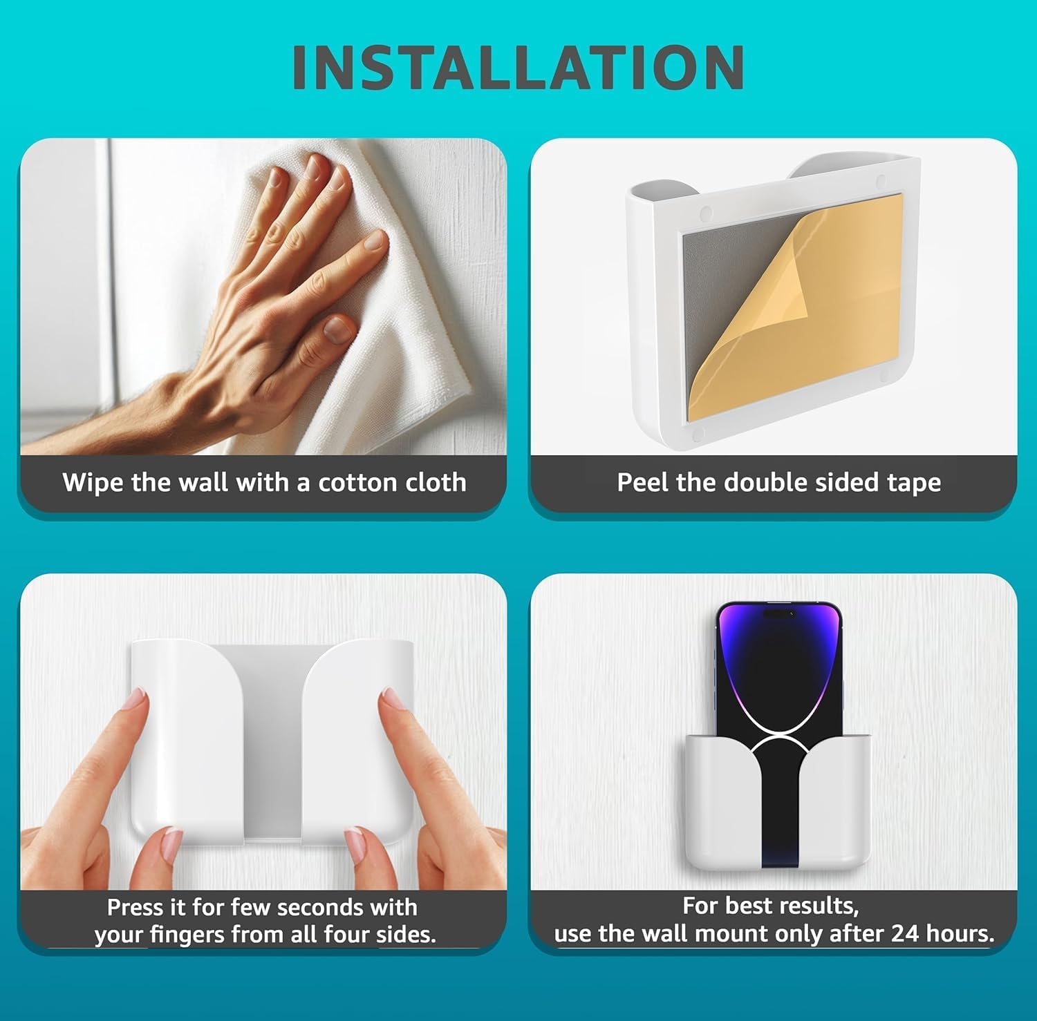 Pack of 4 Wall Mounted Mobile Smartphone Holder Storage Case for Phones with Strong Adhesive Strips|Wall Mount Mobile Stand/Multi-Purpose Stand for Phone Charging (White) - White - Image 4