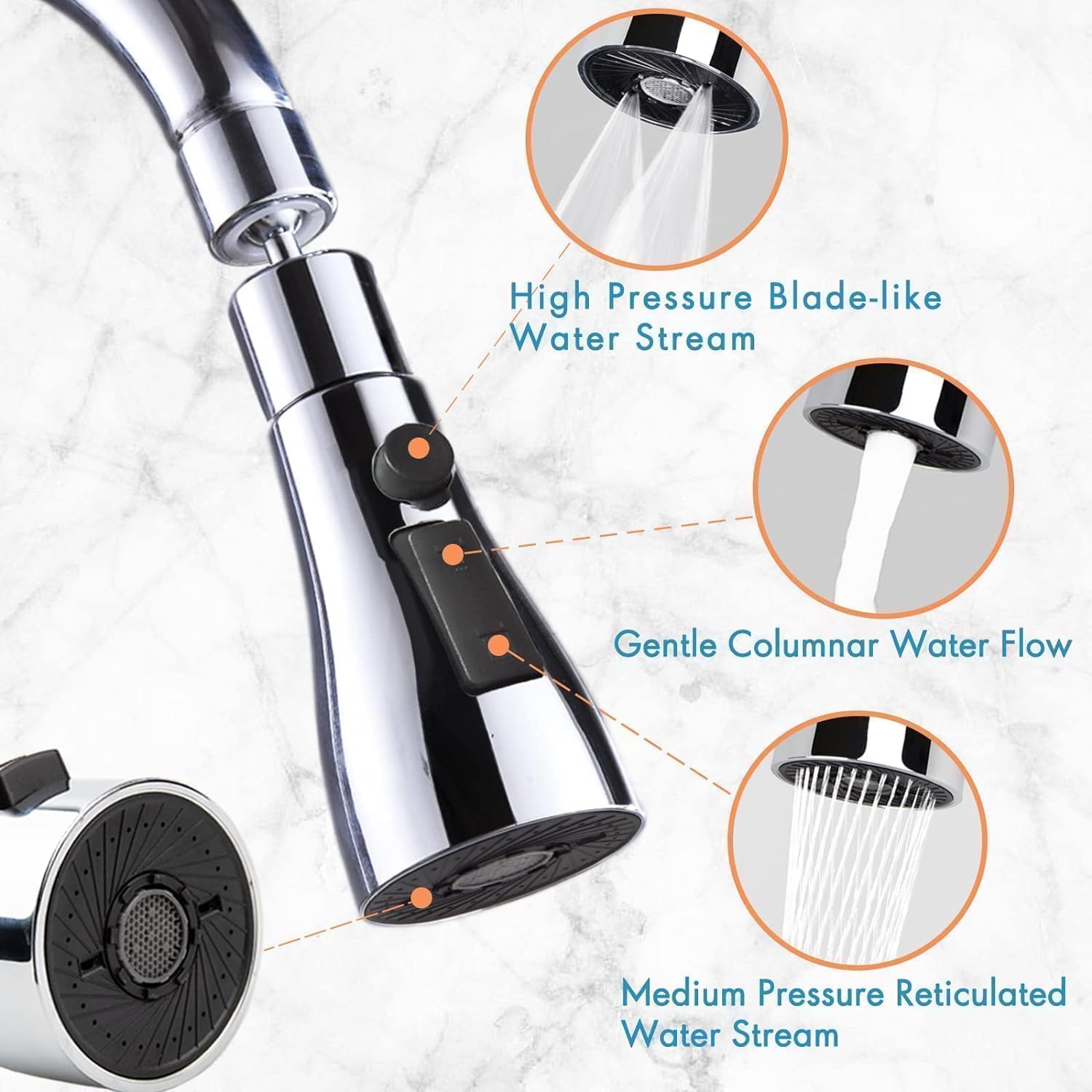 360° Rotating Kitchen Tap Extender, Flexible Faucet Attachment with 2/3 Mode Spray Head, Universal Splash Filter Aerator, Chrome Plated Sink Tap Extension for Kitchen & Bathroom - Sink Faucet - Image 5